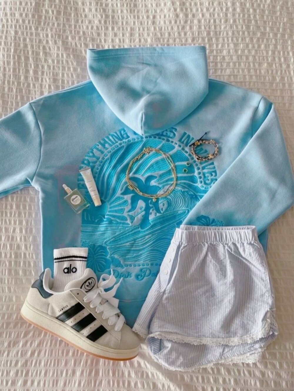 NEW Pink Palm Puff Everything Comes in Waves Hoodie in Blue choose size - Picture 4 of 7